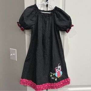 Stellybelly black and white polka dot short sleeve dress owl appliqué girls 6 GC
